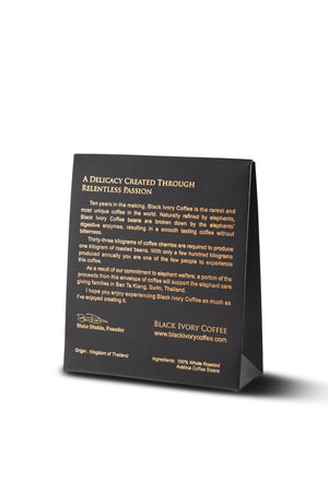 Reverse view of Black Ivory Coffee packaging.